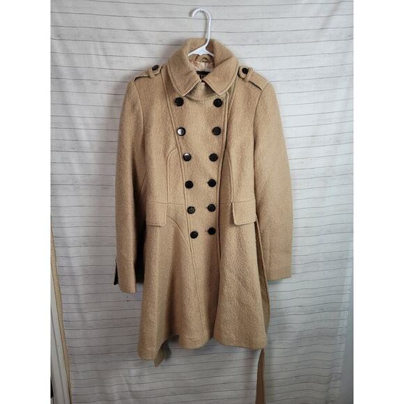 GUESS WOOL BLEND DOUBLE BREASTED CAMEL TAN PEA COAT, SZ SMALL - Picture 2 of 14